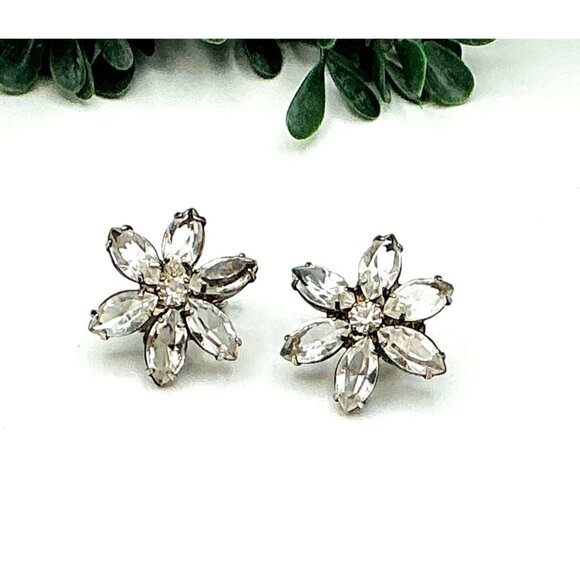 Vintage Rhinestone Flower Clip-On Earrings - Picture 1 of 6